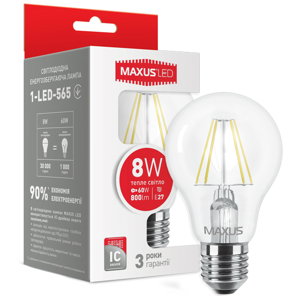 MAXUS MAXUS (філамент), А60, 8W, ,E27 (1-LED-565) Тип світлодіодна (LED)