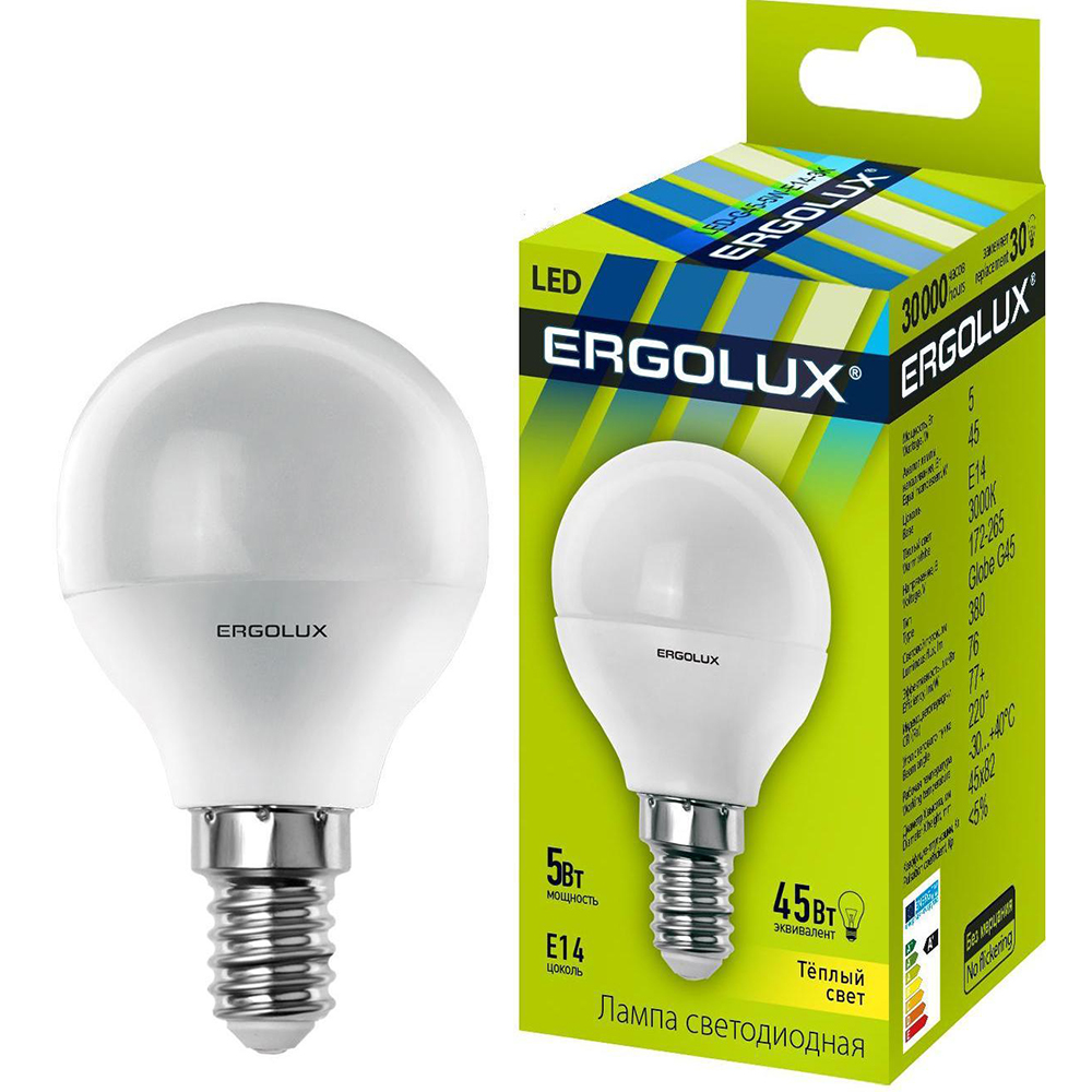 Світлодіодна лампа ERGOLUX G45 5W E14 3000K (LED-G45-5W-E14-3K) Тип світлодіодна (LED)