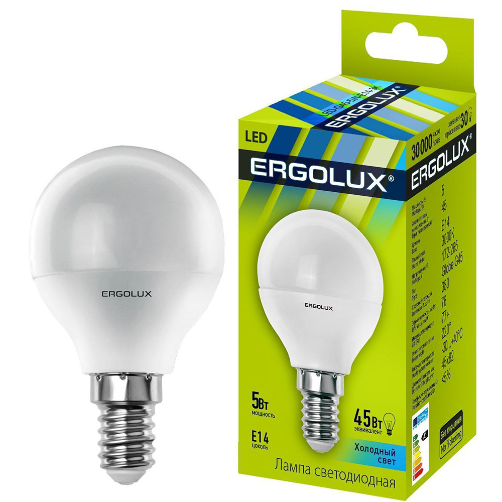 Світлодіодна лампа ERGOLUX G45 5W E14 4000K (LED-G45-5W-E14-4K) Тип світлодіодна (LED)