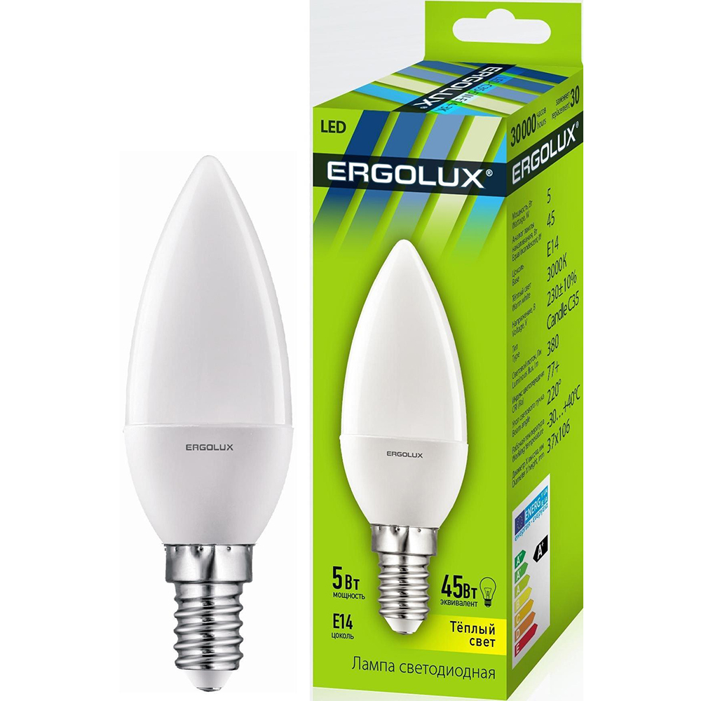 

Светодиодная лампа ERGOLUX C35 5W E14 3000K (LED-C35-5W-E14-3K), LED-C35