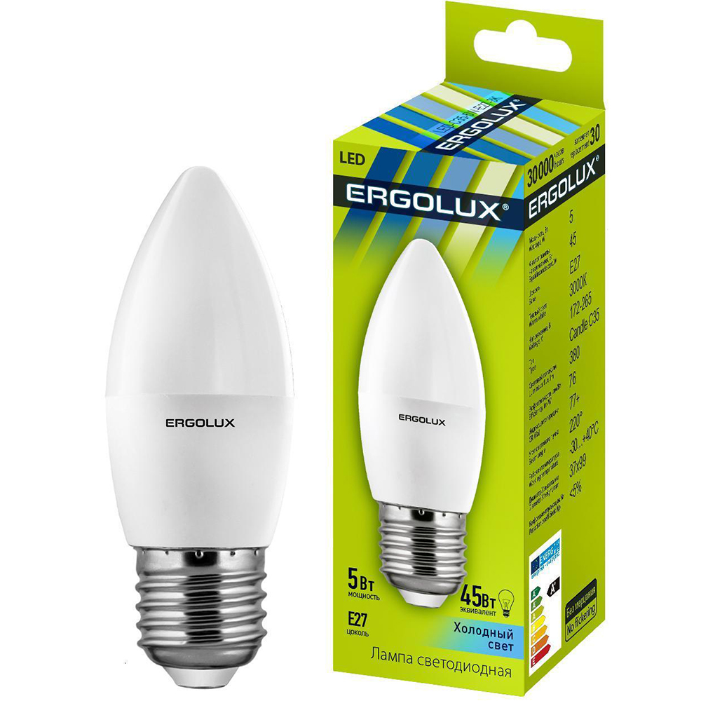 

Светодиодная лампа ERGOLUX C35 5W E27 4000K (LED-C35-5W-E27-4K), LED-C35