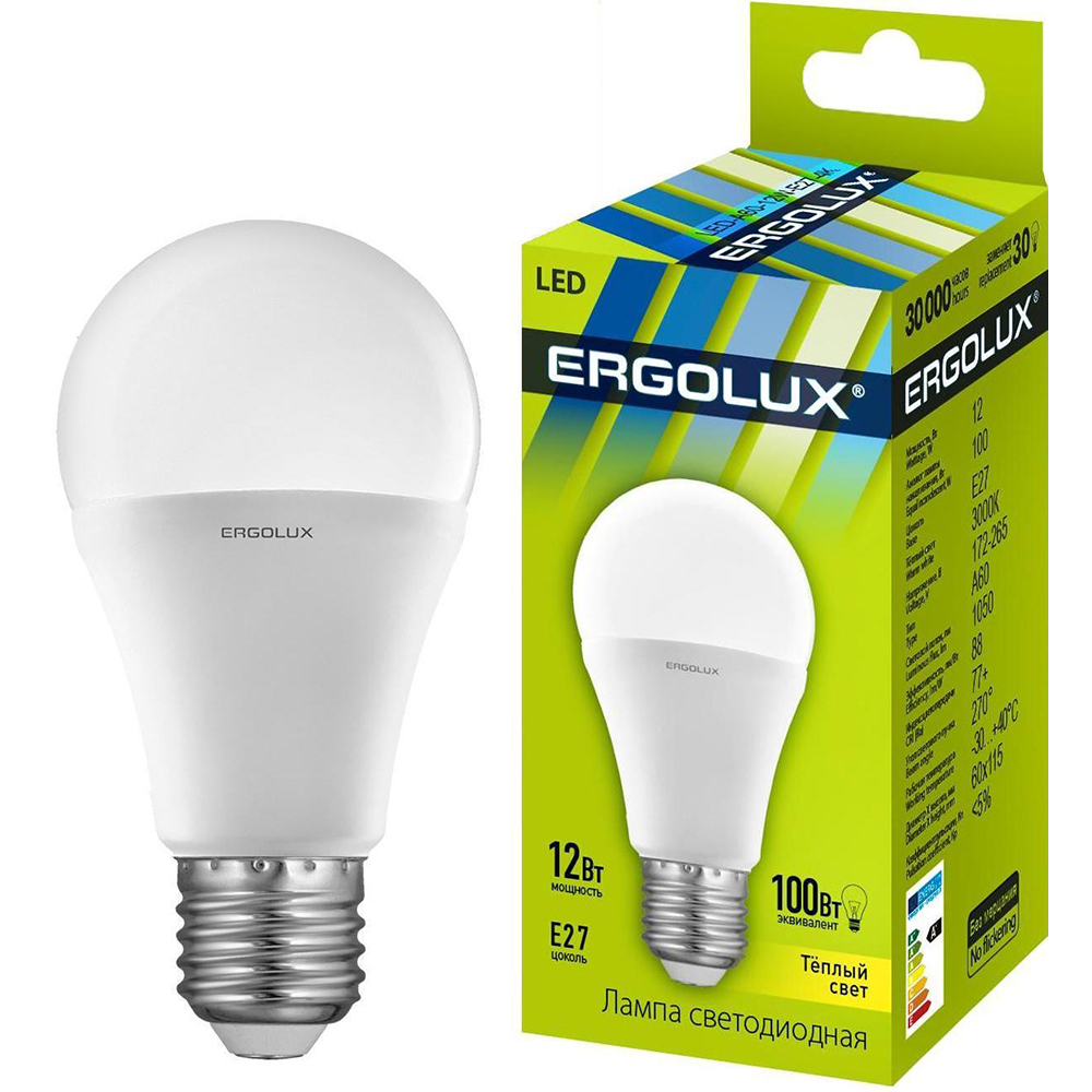 Светодиодная лампа ERGOLUX A60 12W E27 3000K (LED-A60-12W-E27-3K) - в .