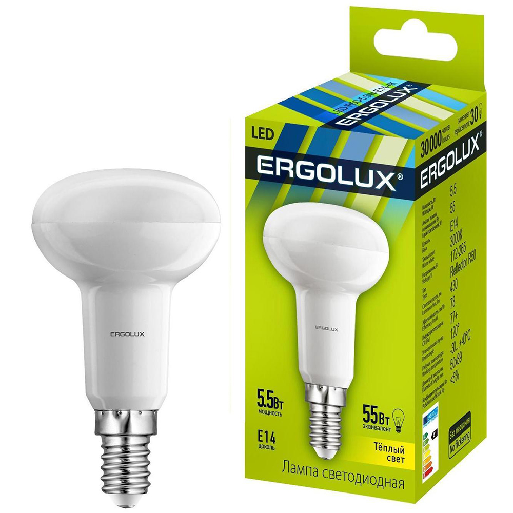 Світлодіодна лампа ERGOLUX R50 5.5W E14-3000K (LED-R50-5.5W-E14-3K) Тип світлодіодна (LED)