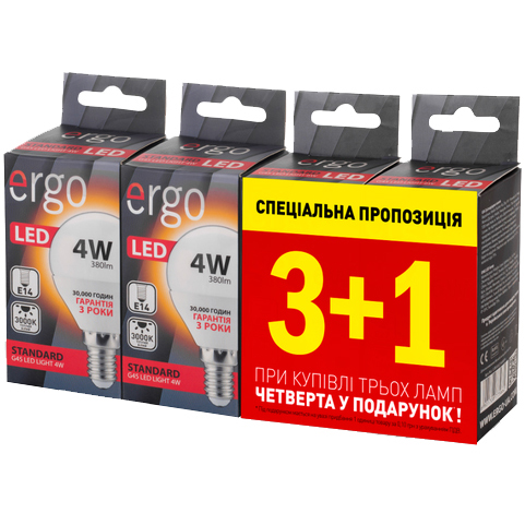 Набір світлодіодних ламп ERGO Standard 3+1 G45 4W E14 (LSTG45E144AWFN3+1)