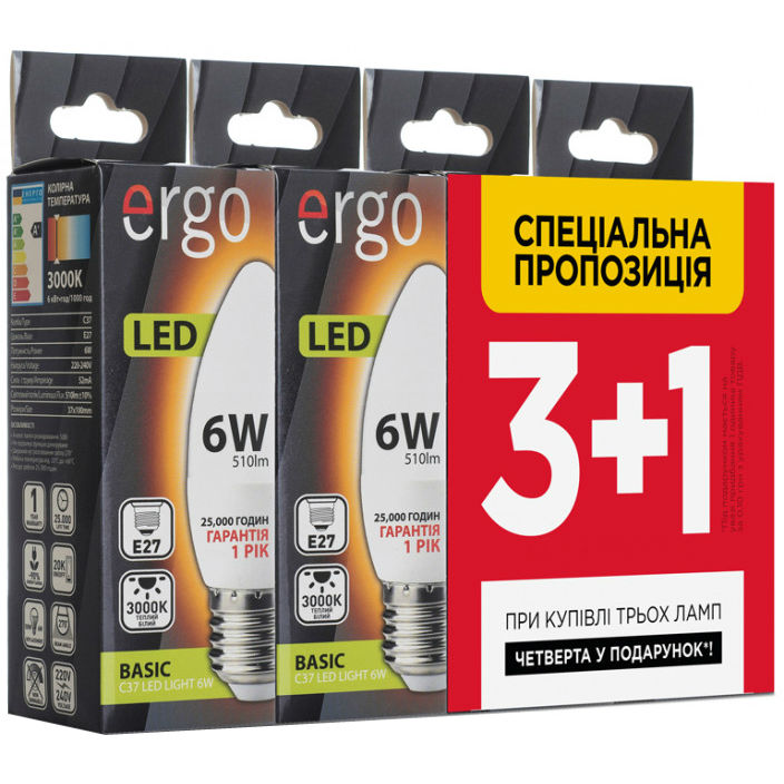 Набір світлодіодних ламп ERGO Basic 3+1 C37 6W E27 3000K 220V (LBCC37E276AWFN3+1) Тип цоколя (патрона) E27