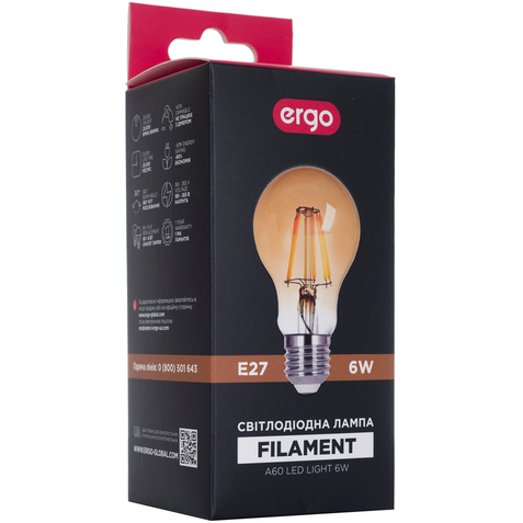 Світлодіодна лампа ERGO Filament A60 6W Е27 2700K 220V (LFLA60Е276AWAN) Тип світлодіодна (LED)