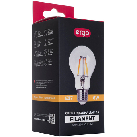 Світлодіодна лампа ERGO Filament A60 8W Е27 2700K 220V (LFLA60Е278AWCN) Тип світлодіодна (LED)