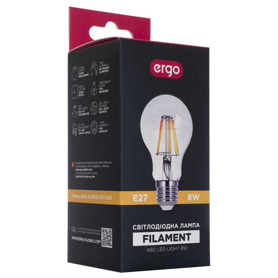 Світлодіодна лампа ERGO Filament A60 8W Е27 3000K 220V (LFLA60Е278AWCN) Тип світлодіодна (LED)