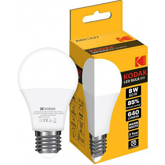 

Светодиодная лампа KODAK A60 8W E27 3000K 220V (30419360/B-IK1), A60 E27 8W 220V