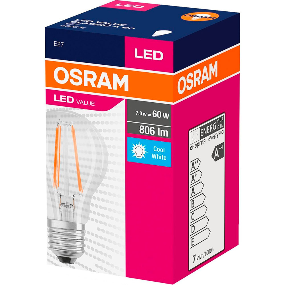 Светодиодная лампа OSRAM LED Value Filament A60 7W 806Lm 4000K E27 (4058075288645) Тип светодиодная (LED)