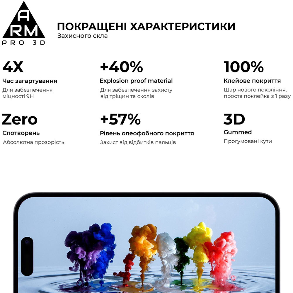 Захисне скло ARMORSTANDART Pro 3D для Apple iPhone 16 Plus Black (ARM78033) Олеофобне покриття True