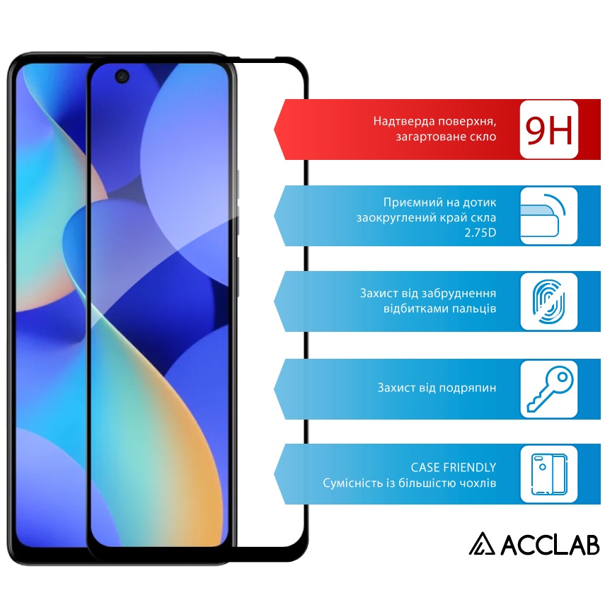Защитное стекло ACCLAB для Tecno POP 10 Full Glue ESD Black (1283126627958) Тип стекло