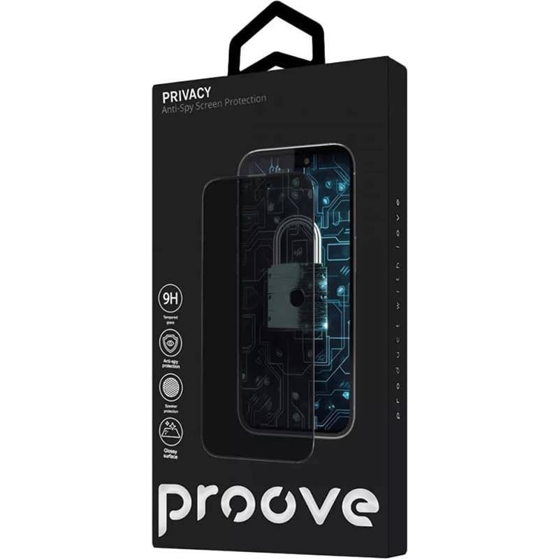 Защитное стекло PROOVE Privacy для Apple iPhone 17 Pro Black (PGPPRI17P001) Дополнительно Затемняется при повороте на 26°; Коэффициент жесткости 9Н по шкале Мооса