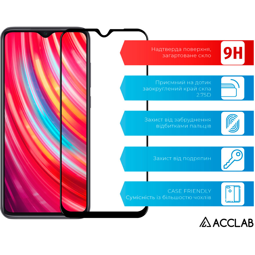 Защитное стекло ACCLAB Full Glue для Xiaomi Redmi Note 8 Pro Black (1283126508769) Тип стекло