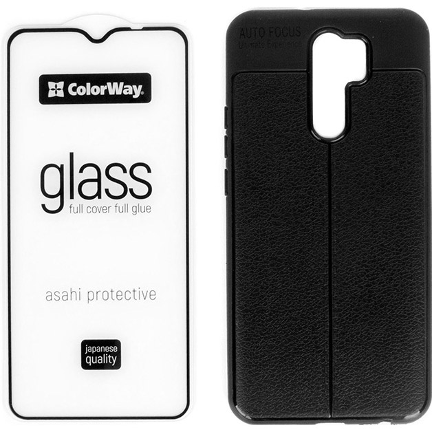 

Чехол COLORWAY TPU Leather для Xiaomi Redmi 9 + защитное стекло 9H FC glue Black (CW-BGCTLEXR9-BK), для Xiaomi Redmi 9 скло+чохол TPU Leather,чорний