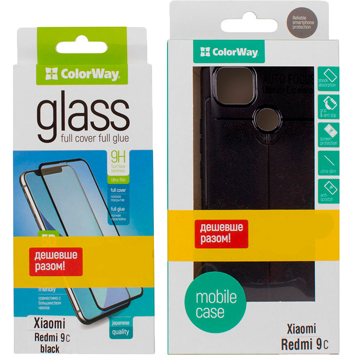 

Чехол COLORWAY TPU Leather для Xiaomi Redmi 9C + защитное стекло 9H FC glue Black (CW-BGCTLEXR9C-BK), для Xiaomi Redmi 9C скло+чохол TPU Leather,чорний