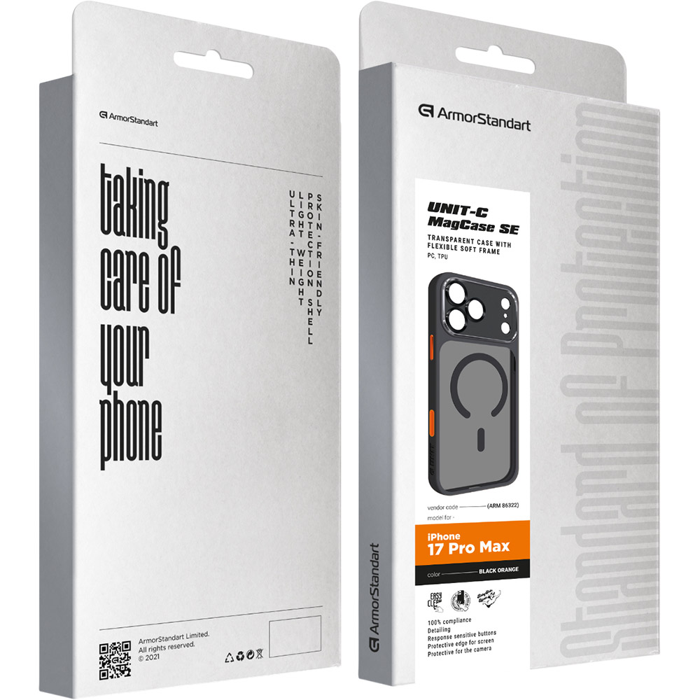 Чохол ARMORSTANDART Unit-C MagCase SE для Apple iPhone 17 Pro Max Black Orange (ARM86322) Матеріал поліуретан