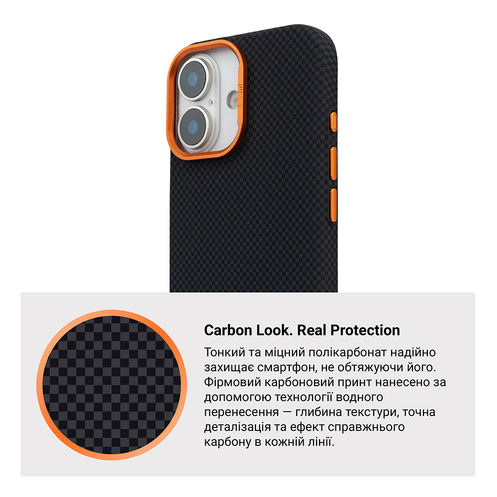 Фото Чехол ARMORSTANDART LikeCarbon2 SE MagCase для Apple iPhone 17 Kevlar Black Orange (ARM89163)