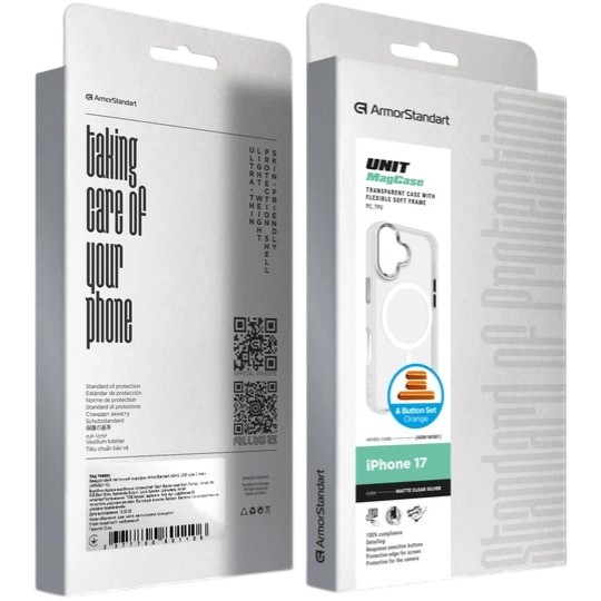 Фото Чехол ARMORSTANDART Unit MagCase Apple iPhone 17 Matte Clear Silver + Orange Button Set (ARM90581)