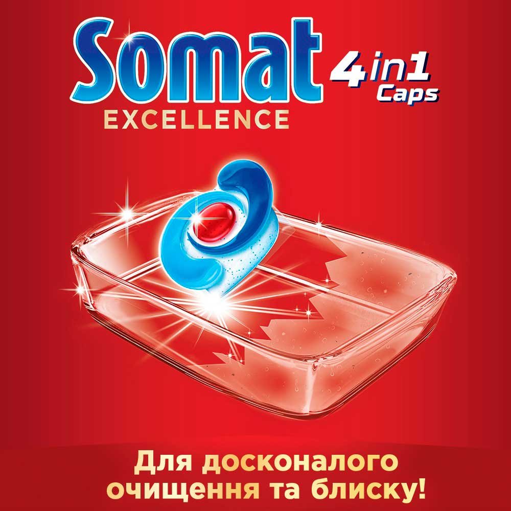 Таблетки для миття посуду Somat Exellence 130 таблеток (9000101528978) Спосіб застосування Брати таблетку лише сухими руками! Для найкращого результату поміщайте таблетку у сухий відсік для миючого засобу. Таблетку не треба розгортати.