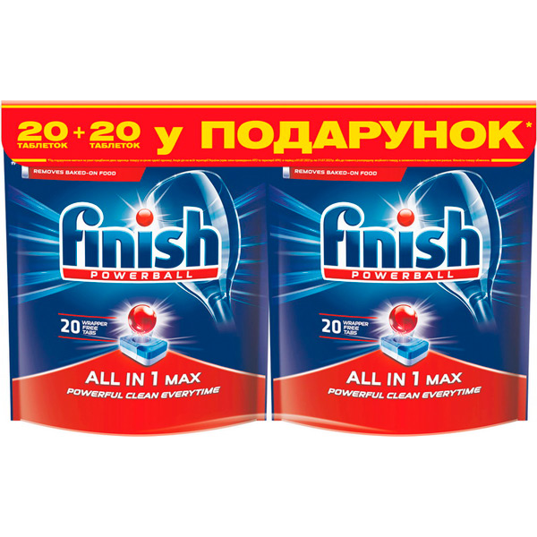 

Таблетки для посудомоечных машин FINISH BOGOF 2 уп 20 + 20 шт (4820232970713), All in 1 tab 20+20 BOGOF