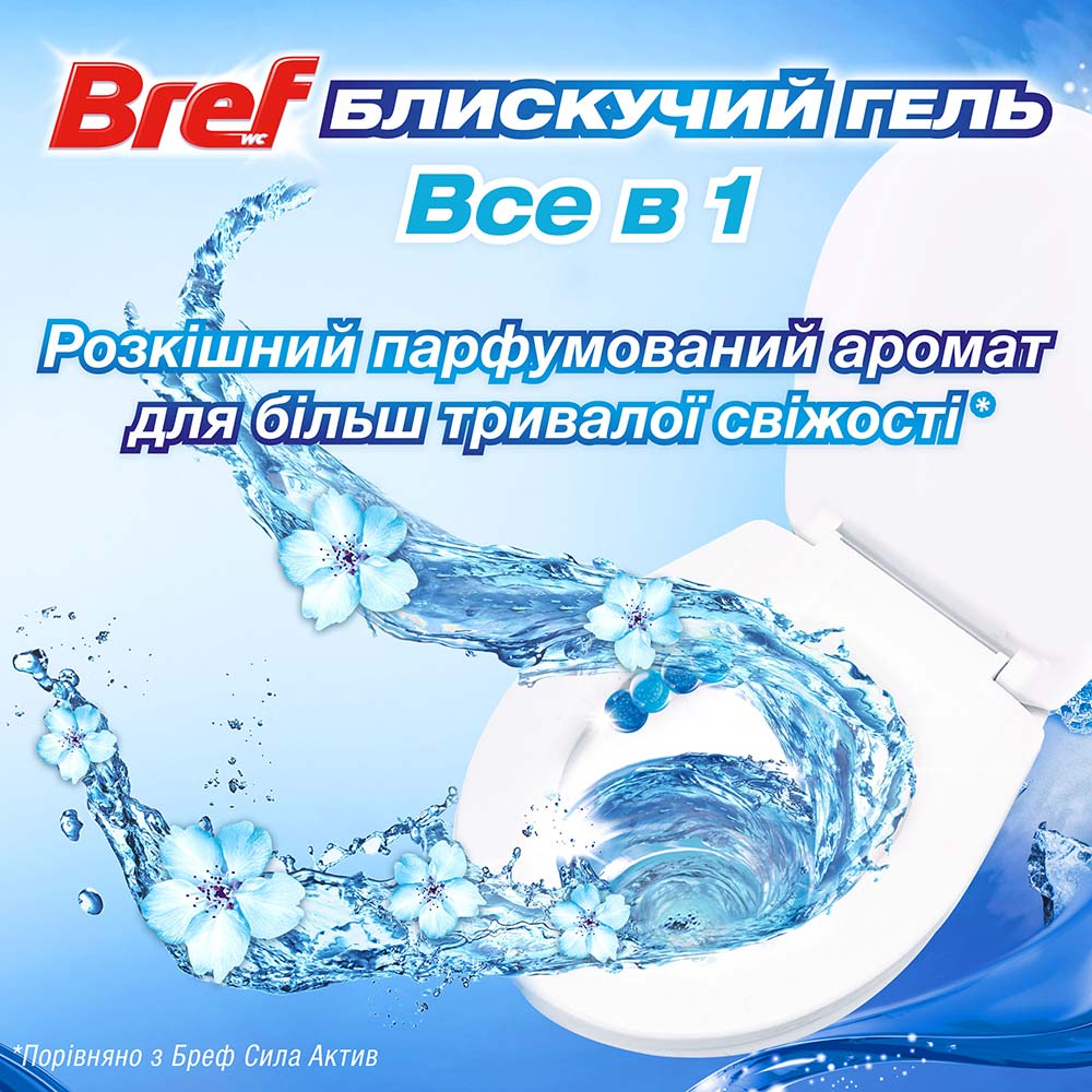 Туалетный блок BREF Brilliant Gel Арктический океан 2штx42г (2870915) Способ применения Разместите туалетный блок на ободок вашего унитаза, отрегулируйте его согласно потоку воды, замените его, когда шарики опустеют.