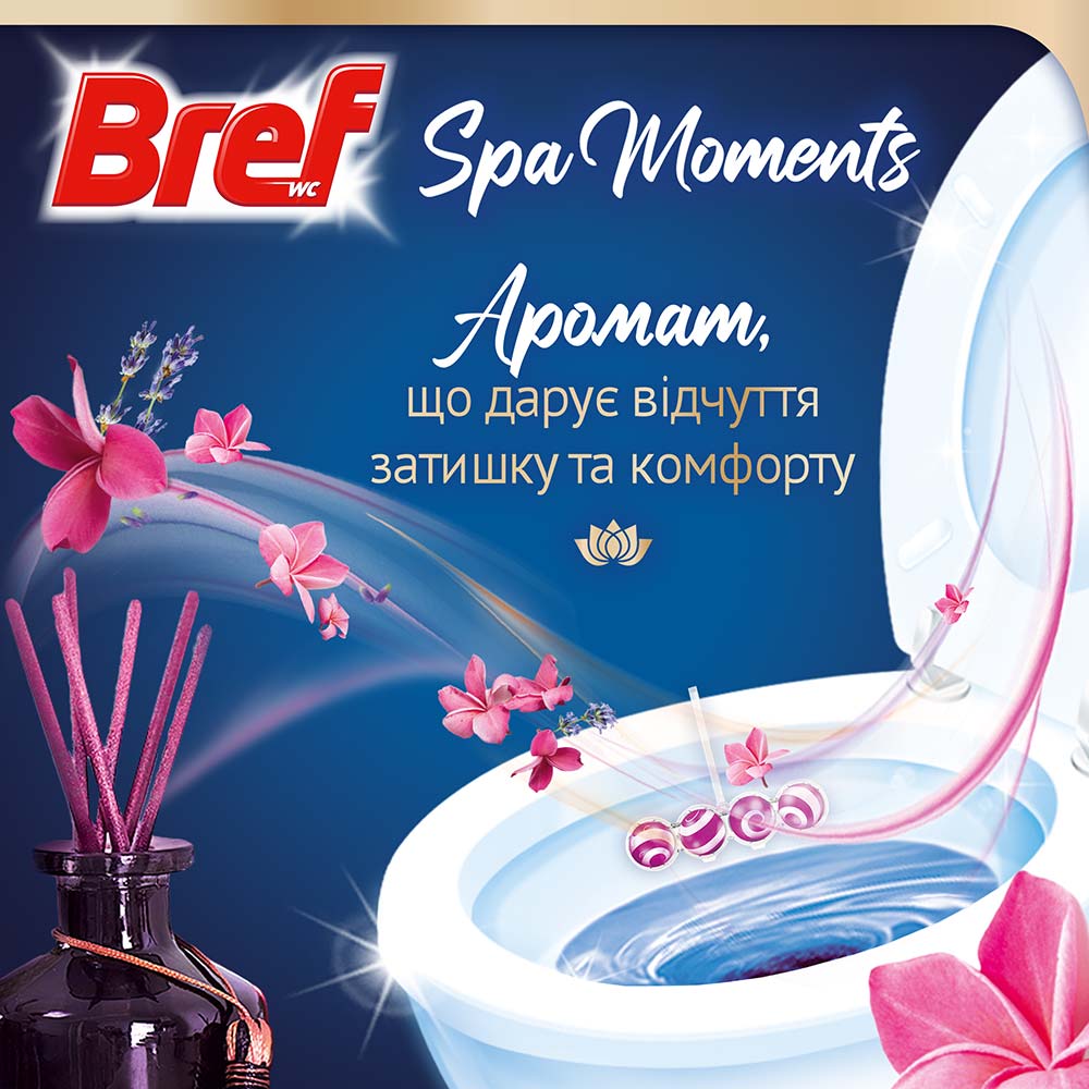 Туалетный блок BREF Spa Moments Гармония 3 шт (2913373) Способ применения Разместите туалетный блок на ободок Вашего унитаза, отрегулируйте его в соответствии с потоком воды, замените его, когда шарики опустеют.