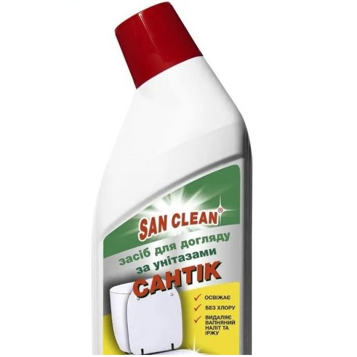 Засіб для чищення унітазу Сантик SAN CLEAN хвоя 1000 г (4820003545850) Склад Демінералізована вода / НПАР / КПАР / харчова лимонна кислота / хлорид натрію / барвник / парфумерна композиція