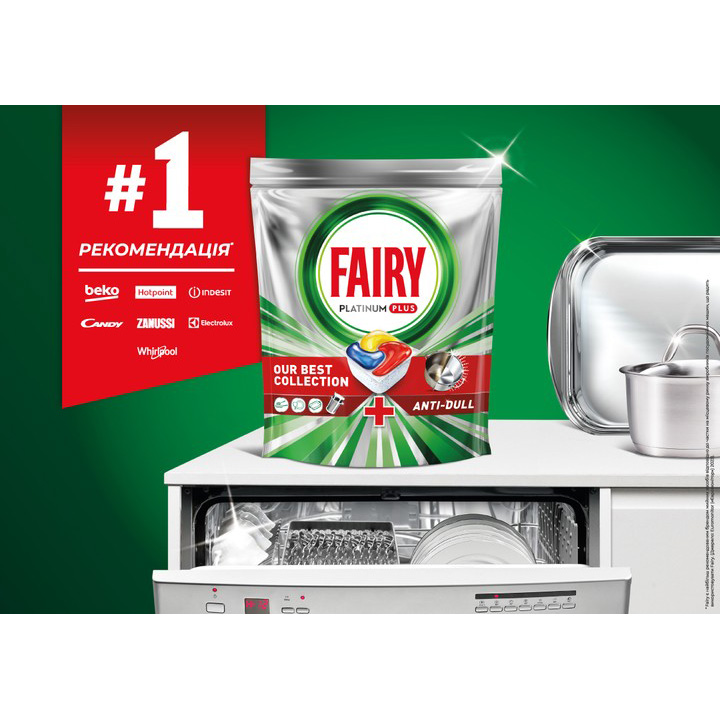 Капсули для посудомийних машин FAIRY Platinum Plus All In One Lemon 19 шт (8700216236669) Спосіб застосування Покласти капсулу у відсік; брати сухими руками; не розгортати; 1 капсула = 1 завантаження; закривати пакет; при твердій воді використовувати сіль; не мити делікатний та антикварний посуд