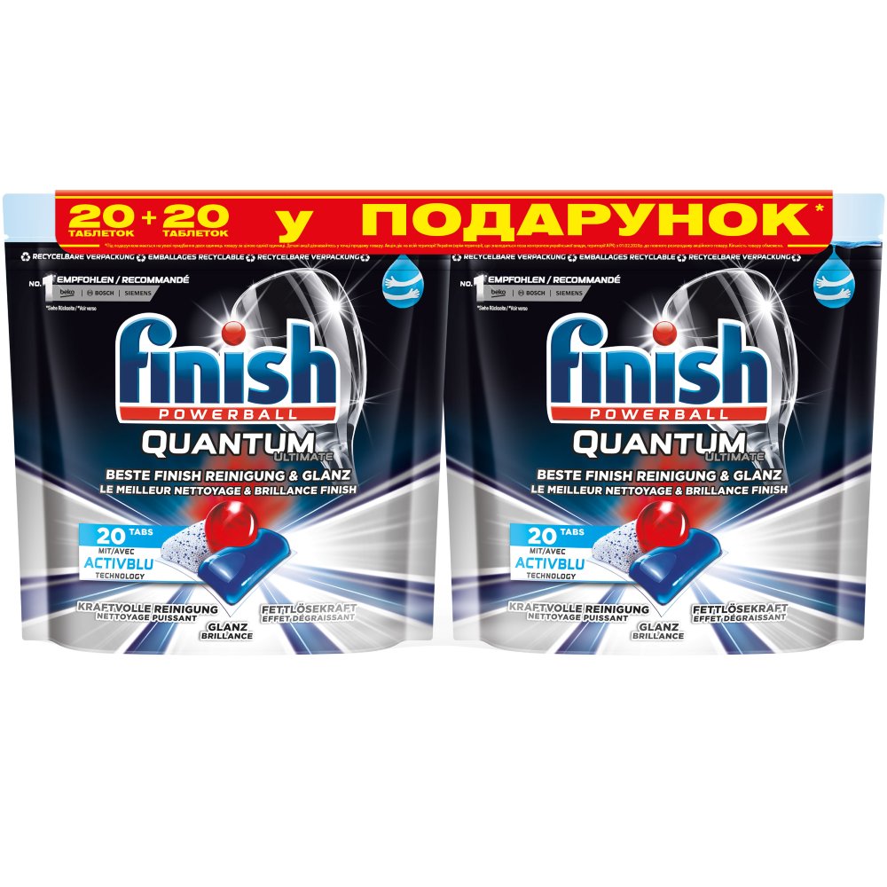 Таблетки для посудомоечных машин FINISH Таблетки Quantum 20 шт + 20 шт (4820108001800)