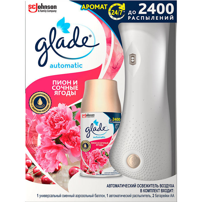 

Автоматический освежитель воздуха GLADE Пион и сочные ягоды 269 мл (5000204955903), Освіжувач повітря "Півон і соковиті ягоди".