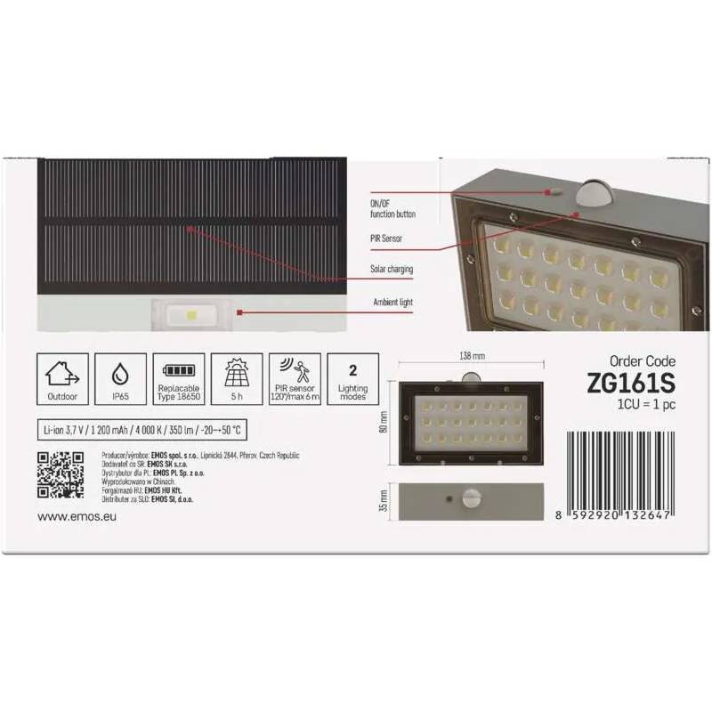 В Україні Світлодіодний сонячний світильник EMOS 350 лм 4000K (ZG161S)