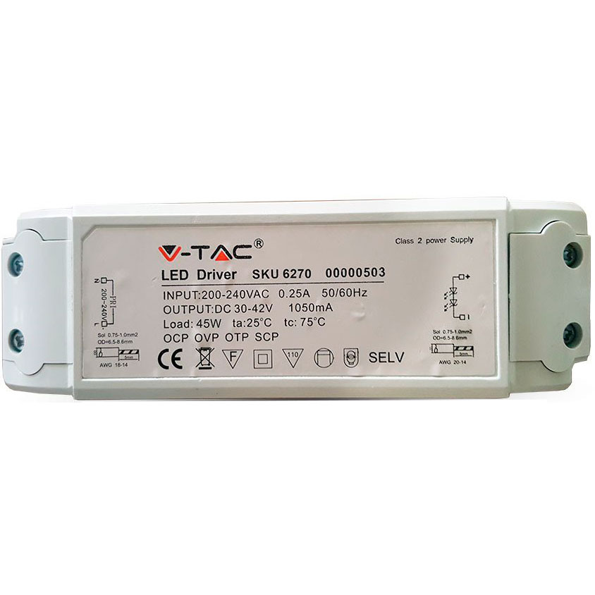 

Драйвер светодиода V-TAC 45 Вт SKU-6270 FF (3800157614436), Драйвер 45Вт, SKU-6270, FF