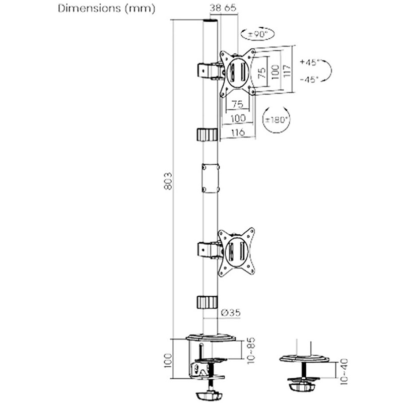 Кронштейн BRATECK LDT66-C02V Конструкция 1 степень свободы