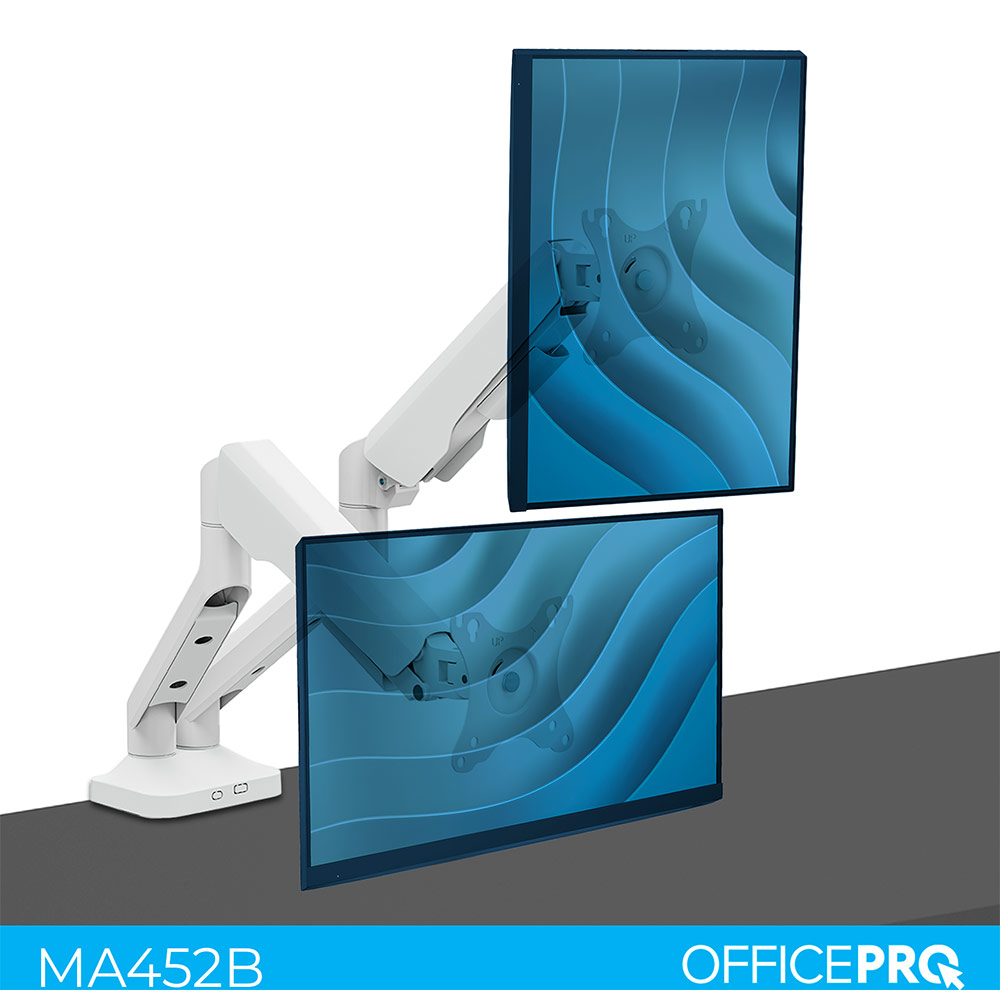 Кронштейн OFFICEPRO MA452W White Додатково Для кріплення плоских та вигнутих екранів; Кабель-менеджмент; Вбудований USB хаб; 2 кабелі: USB, USB Type-C