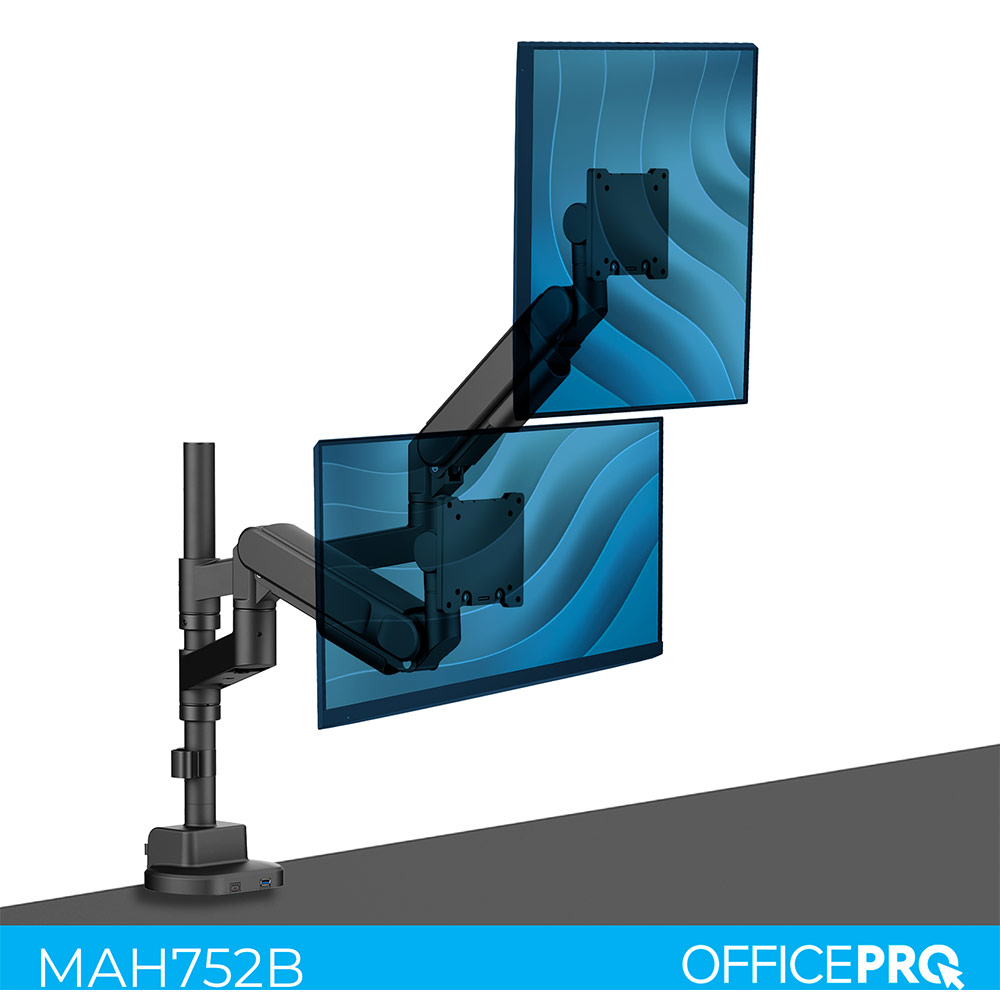 Кронштейн OFFICEPRO MAH752B Black Додатково Для кріплення плоских екранів вагою до 27 кг та вигнутих екранів вагою до 22 кг; Кабель-менеджмент; Вбудований USB хаб; 2 кабелі: USB, USB Type-C