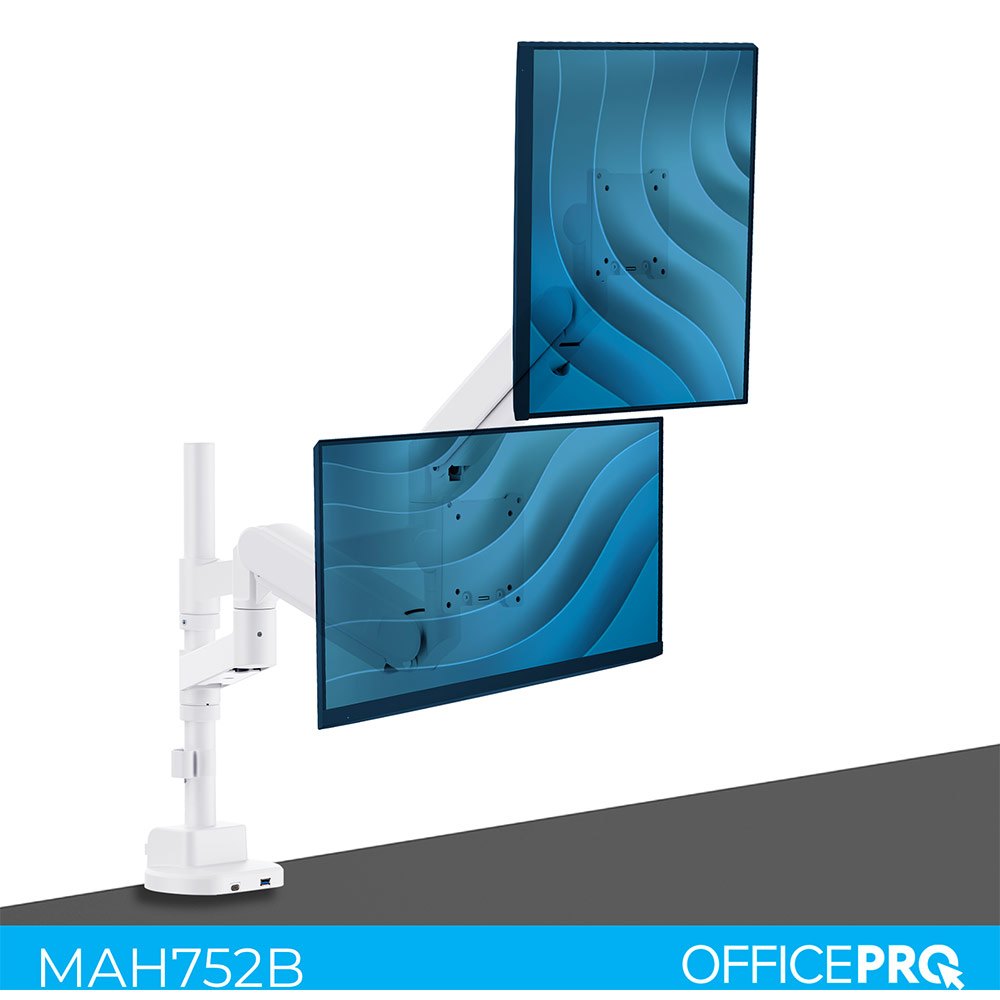 Кронштейн OFFICEPRO 24-57" White (MAH752W) Додатково Кількість екранів, що встановлюються: 2; Вбудований порт USB Type-C для заряджання та підключення периферії; Регулювання: по висоті, глибині, нахилу, повороту та обертанню
