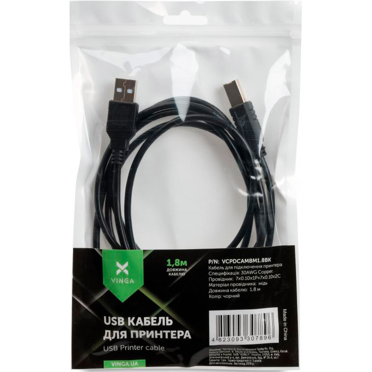 Кабель VINGA USB 2.0 AM/BM 1.8 м (VCPDCAMBM1.8BK) Роз'єм 2 USB тип B (папа)