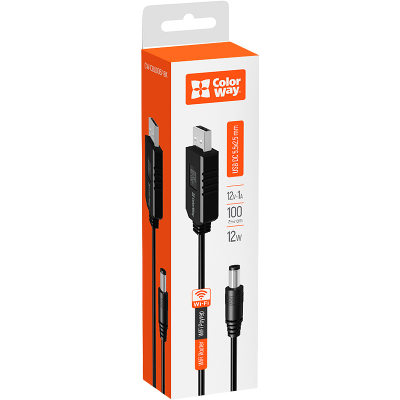 У Фокстрот Кабель COLORWAY для роутера 12V (USB-DC 5.5х2.5mm) 1 м Black (CW-CBUD067-BK)