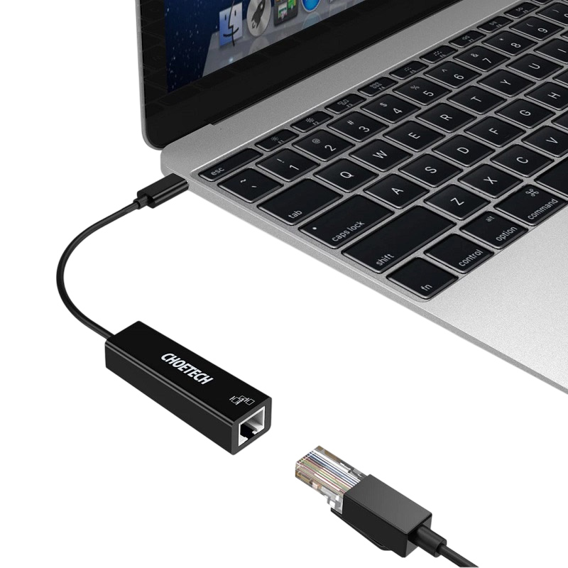 Перехідник CHOETECH USB 3.1 Type-C - Ethernet RJ45 1000Mb 0.15 м (HUB-R01-BK) Роз'єм 1 USB тип C (папа)