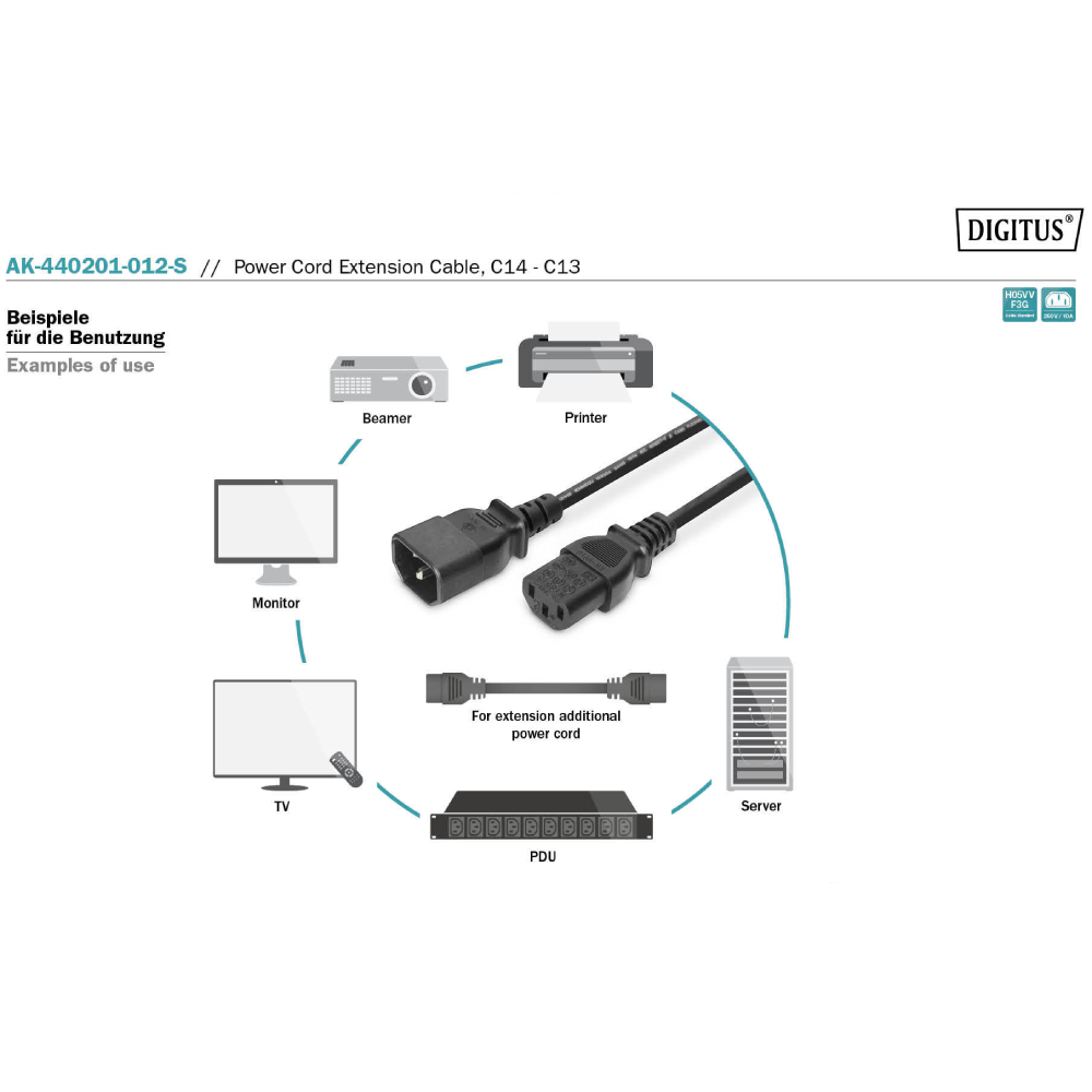 Кабель питания DIGITUS C14/M - C13/F 1.2 м Black (AK-440201-012-S) Разъем 2 C13 (мама)