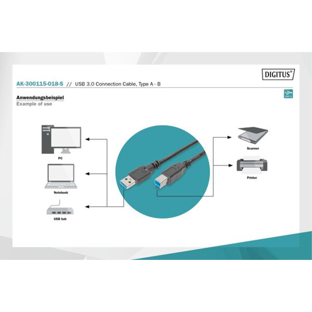 Кабель DIGITUS USB 3.0 Type A - USB 3.0 Type B 1.8 м Black (AK-300115-018-S) Разъем 1 USB тип А (папа)