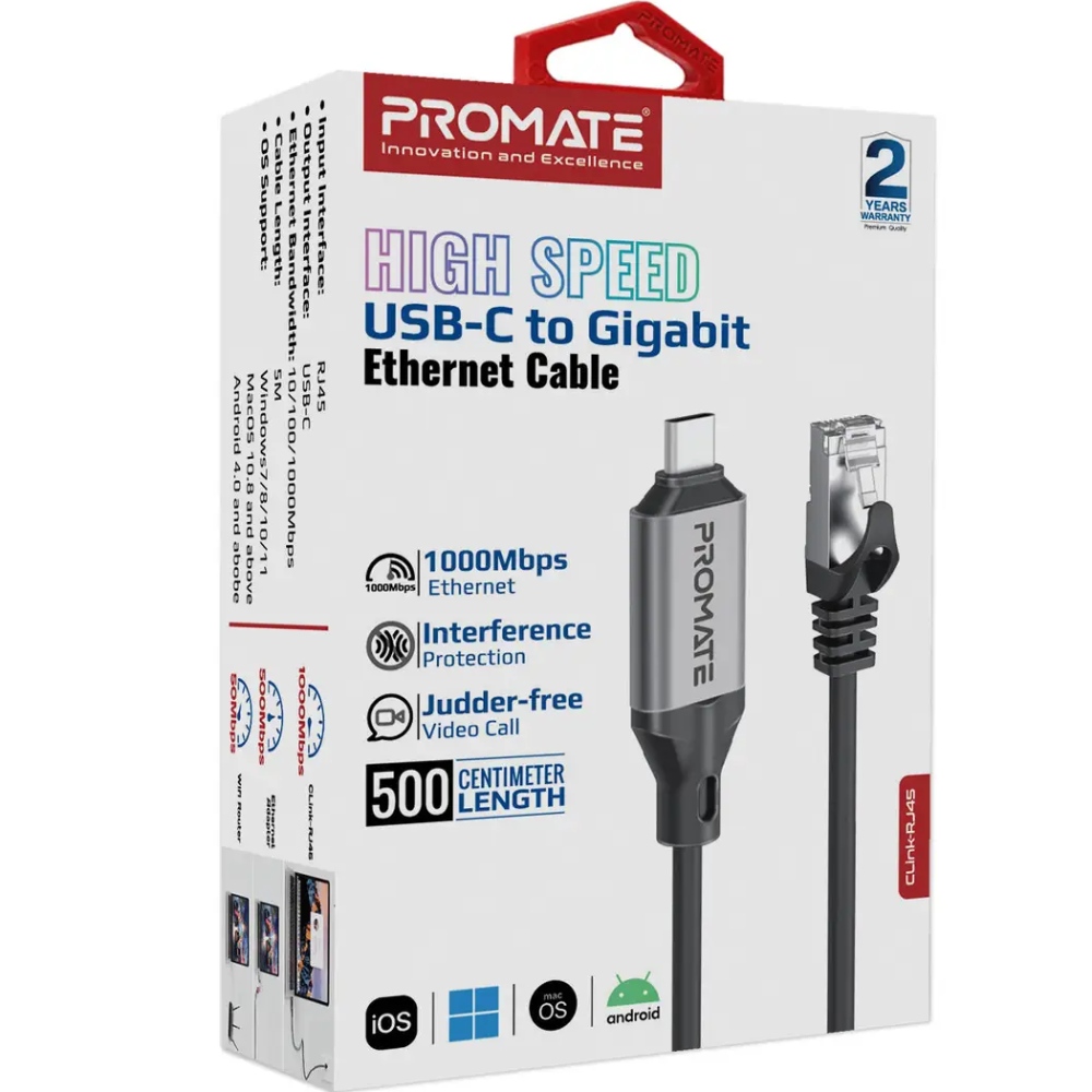 Кабель PROMATE USB Type-C/RJ45 5 м Black (clink-rj45) Вид кабель