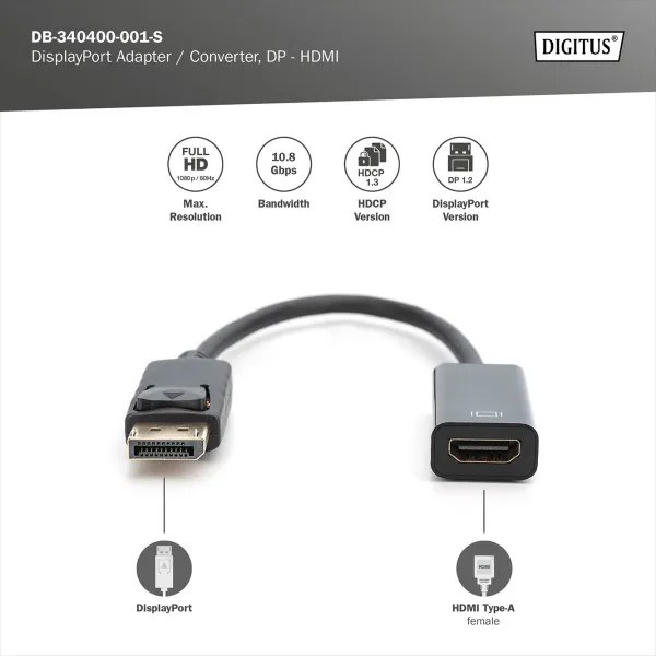 Перехідник DIGITUS DisplayPort to HDMI (DB-340400-001-S) Тип роз'єму DisplayPort - HDMI