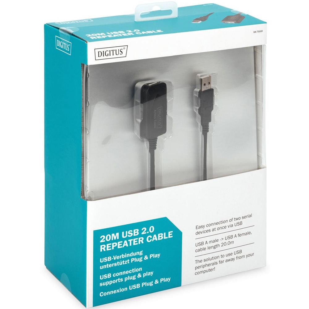 Кабель подовжувач DIGITUS USB 2.0 Active Cable AM-AF 20 м Black (DA-73102) Додатково Активне посилення сигналу, швидкість до 480 Мбіт/с (USB 2.0), Plug&Play, сумісність із усіма USB-пристроями, стабільна передача на 20 м