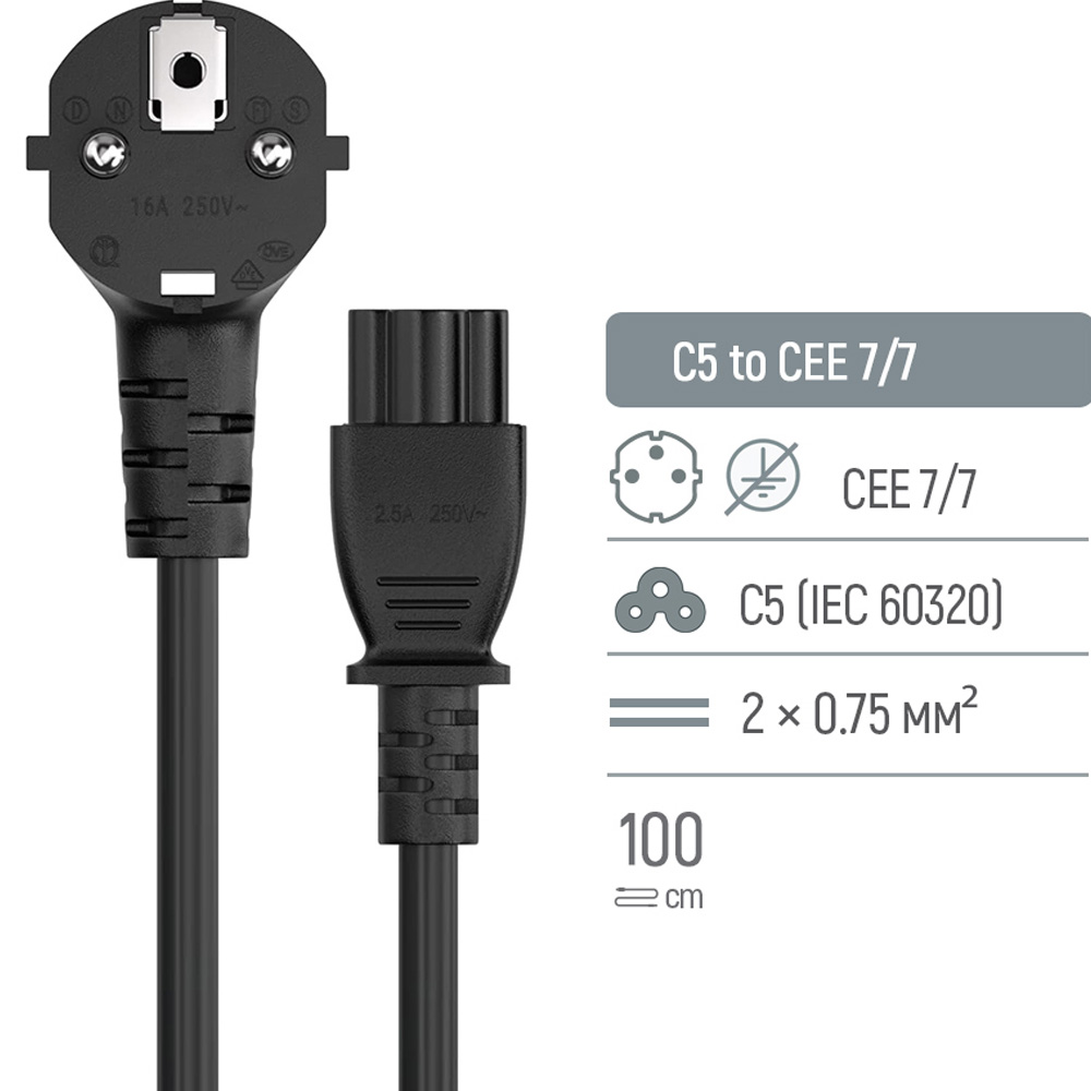 Фото Кабель COLORWAY CEE7/7-C5 1 м Black (CW-CBP084-BK)