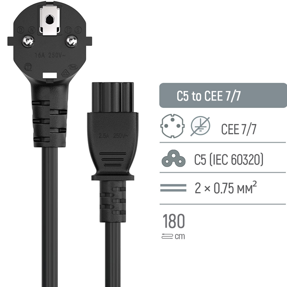Кабель COLORWAY CEE7/7-C5 1.8 м Black (CW-CBP083-BK) Довжина 1.8
