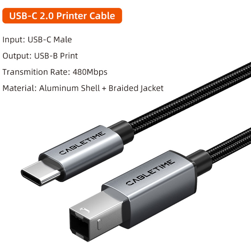 Кабель CABLETIME USB 2.0 Type-C (M) - B Print 2 м Black (CA16L) Роз'єм 2 USB тип B (папа)