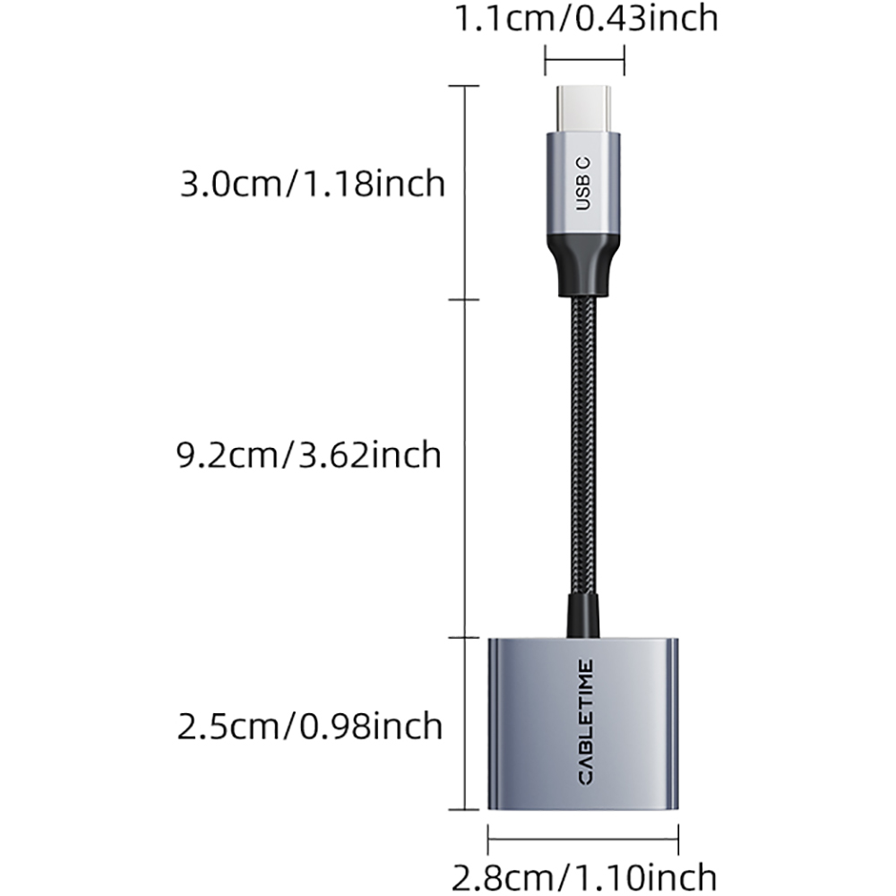 ь CABLETIME Аудіо адаптер USB Type-C (M) - 3.5 мм (F) / Type-C (F) PD60W (CPA1G) Разъем 2 USB тип C (мама)