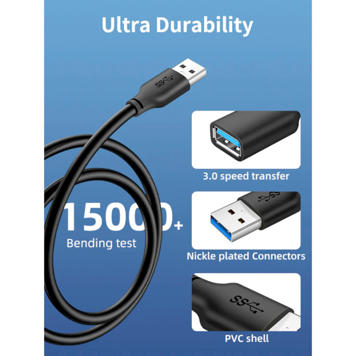 Подовжувач CABLETIME USB 3.0 AM - AF 2м Black (CA915408) Довжина 2
